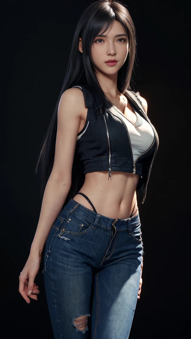 8K, Top Quality, Intricate Details, Ultra Detail, Ultra High Resolution, Masterpiece, close up shot, (full body: 1.1), Slender, Smile, (Makeup: 0.4), (walking), (Fluffy Eyes: 1.21), ((bangs)), 1girl, solo, 1 girl, (((red eyes, black hair, bangs, long hair, )), ((Tifa,Tifa・lockhart,Final Fantasy 7,FF7,l)), close up shot, , ((tall)), (((fit body))), (((slim face))), sharp face, (( , torn denim , open denim mini vest, open denim zip , open zip denim short, mini short no bra, no panties, no inwear, no underwear)) , (detailed face), sharp face, small lips, ( walking), walk pose, walking pose,
((, )), , ((,)), detailed face, detailed breast, large breast, huge breast, (( )), detail ass, Narrow Waist, Skinny, tall , 175 cm tall, Muscular, Navel, Exposed Abdomen, Pointed Chest,, Beautiful girl with accentuated slender abs: 1.4, Six Pack Abs: 1.4,, Perfect Body, detail leg, (( dark background)), black background,