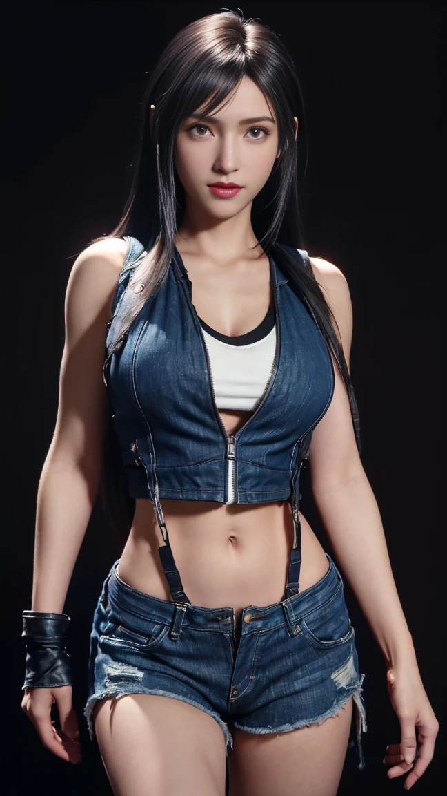 8K, Top Quality, Intricate Details, Ultra Detail, Ultra High Resolution, Masterpiece, close up shot, (full body: 1.1), Slender, Smile, (Makeup: 0.4), (walking), (Fluffy Eyes: 1.21), ((bangs)), 1girl, solo, 1 girl, (((red eyes, black hair, bangs, long hair, )), ((Tifa,Tifa・lockhart,Final Fantasy 7,FF7,l)), close up shot, , ((tall)), (((fit body))), (((slim face))), sharp face, (( , torn denim , open denim mini vest, open denim zip , open zip denim short, mini short no bra, no panties, no inwear, no underwear)) , (detailed face), sharp face, small lips, ( walking), walk pose, walking pose,
((, )), , ((,)), detailed face, detailed breast, large breast, huge breast, (( )), detail ass, Narrow Waist, Skinny, tall , 175 cm tall, Muscular, Navel, Exposed Abdomen, Pointed Chest,, Beautiful girl with accentuated slender abs: 1.4, Six Pack Abs: 1.4,, Perfect Body, detail leg, (( dark background)), black background,