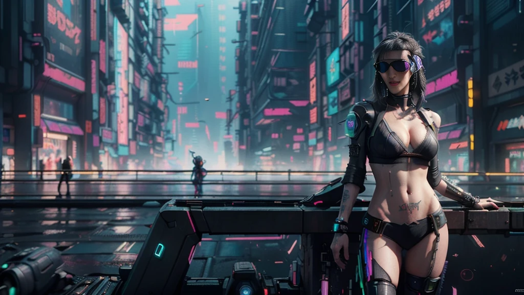 (((a medium-breast bikini slim GIRL with black micro sunglasses))), (((aiming at viewer with a pistol))), a balcony of a futuristic building, aerial view of an ultra-futuristic megalopolis, many metal buildings and houses in dark colors from dark blue to black, a cidade tem tons de cinza metal, has smoky metal structures , industrial environment with smoke and fog around, carros escuros nas ruas, desert megalopolis, trilhos e trens modernos de de metal passando estre as ruas da cidade, tall futuristic metal buildings, many ultra modern buildings around, realistic, detailed, sci-fi.