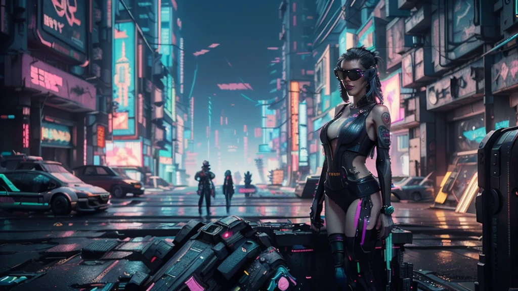 masterpiece, best quality, high resolution, 8k, (Portrait Photos:1.5), (R Original Photo), real picture, Digital Photography, (A fusion of cyberpunk and fantasy), 20 year old girl, solo, (((black sunglasses))), Feel free to hairstyle, Purple Eyes, By Bangs, (Medium breasts, cleavage, Accessories, Elegant and charming, Combination of cyberpunk and fantasy style clothing, Hollow carving design, Photo poses, Realistic style, oc render reflection texture, sentry, (((((Cyberpunk style future city))))), night, Bustling streets, (((((half-body (thigh level) medium shot))))), Medium distance photography