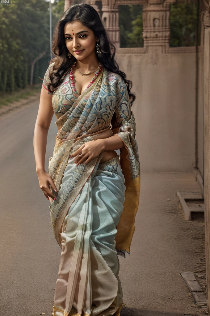 (high quality:1.6, masterpiece:1.6, HDR, 128K), (hyper-realistic, photorealism), 6 ft tall beautiful indian girl with big, wearing Saree, background road,  (hourglass figure:1.5), (cleavage), 36dd, 
 (Looking into the camera:1.5), 
(RAW Photos, Highest quality), (reality, reality的:1.4), (flying debris), 
Beautiful details, Beautiful lip detail, Highly detailed eyes and face, 
Perfect body overall, 
Smiling Kindly(1.6), (different saree color and design:1.6) 

