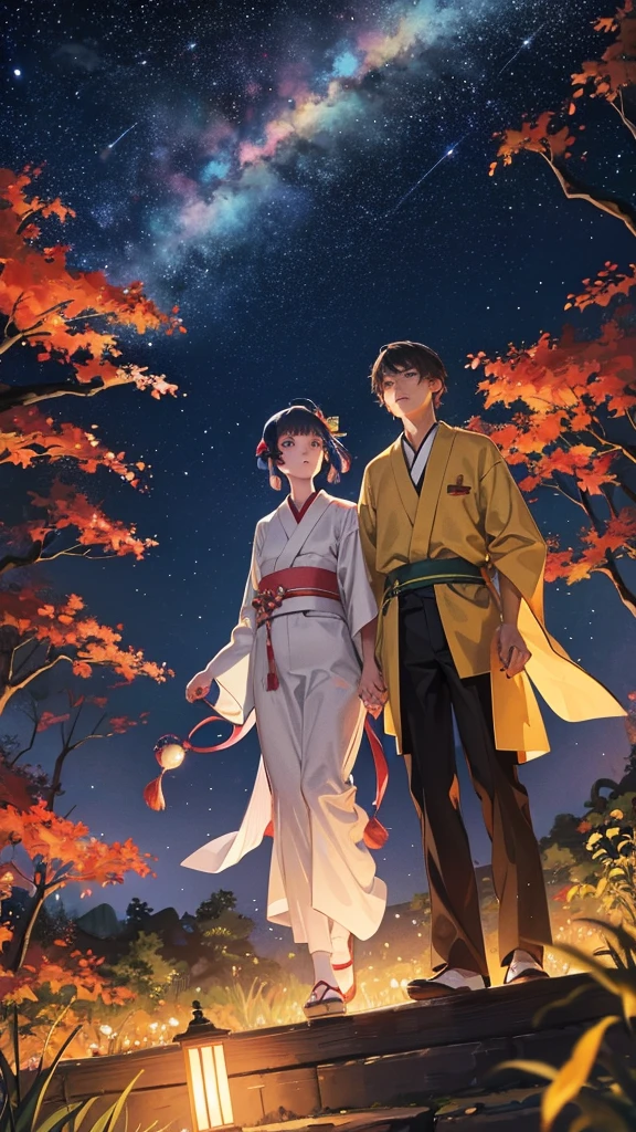 
Tanabata night, a forest of leaves, a man and a woman in Japanese clothes, holding hands and looking up at the sky, the Milky Way in the sky