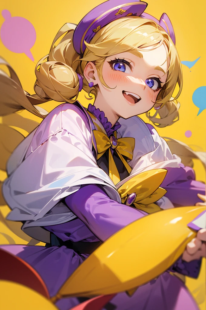 (masterpiece), best quality, expressive eyes, perfect face, blonde, femme, girly girl. purple outfit, yellow accents, charming, cheerful, curly , pigtails , long hair, happy, cheerful, idol, 