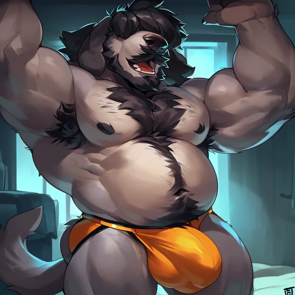 Solo, Anthro, male (((poodle, muscular, broad shoulders, broad shoulders, big muscles, muscle gut, blue eyes, grey body, grey fur, black hair, floppy ears, chest hair, happy trail, mustache, muscular arms, hair over eyes, hairy body, scruffy upper snout, facial hair, facial tuft, white jockstap, big bulge))) standing, bedroom, arms raised, closed mouth ((focus eyes, focus hairy body, focus chest hair, focus tail)) jockstrap only, mature male, perfect anatomy, by darkgem, by mystikfox61, by glitter trap boy
