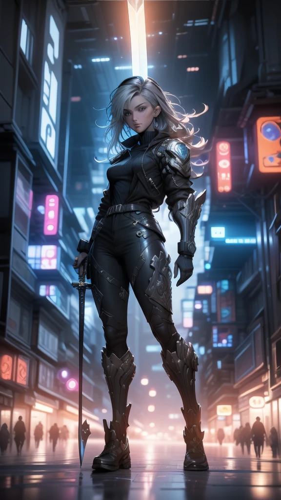 3D impressionist illustration, Masterpiece, High Contrast, A Russian girl in her early 20s with ash grey hair, Ultra-near-future weapons, Full body portrait, Uplifting, A brave sword-wielding man, Uplifting, High Contrast, A futuristic city in the background, Gorgeous, A night view smattering with brilliant colors, hard rainy