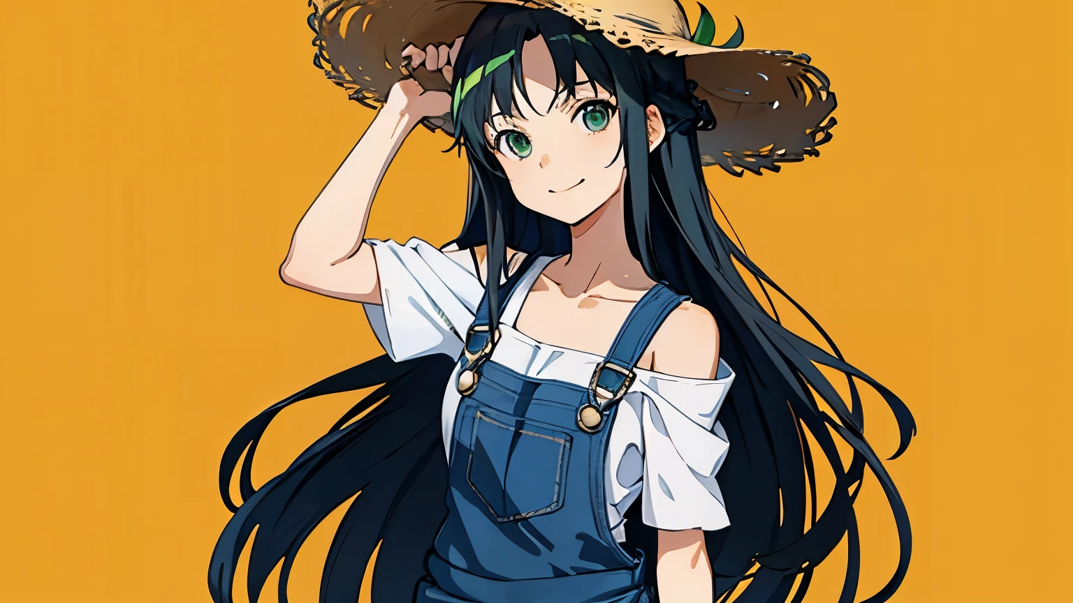 Shoulder-length hair Black Hair Farm work overalls Straw hat Sweat Anime Style smile Towel roll Green Screen