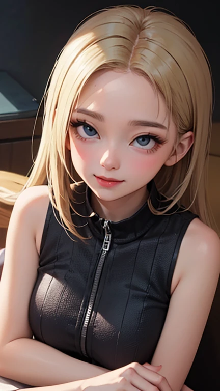 blush a little and smile, (Top quality masterpiece:1.2) Delicate illustrations, Very detailed, /Beautiful Japanese Women、1 person,Very cute and slim、Great style 、((8K images、super high quality))、Very delicate face, Skin and Hair、beautifule forehead、Red lipstick、(((((Mid-length hair、Blonde))))),Very cute Japanese cut face、Eyes and nose are clearly visible、Kind eyes,((((Sleeveless fashion))))