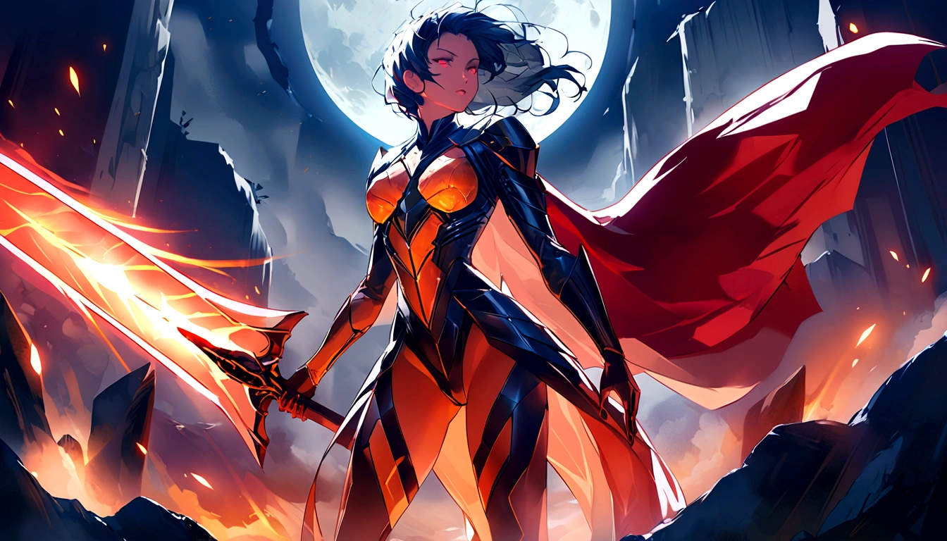 A beautiful woman is walking in the middle of a volcano, she's offering her hand, she's looking like a flame, shining bright, dressed in red with symmetrical designs and arabesques, adorned with bright orange lights, volcano scenario,masterpiece, highly detailed, 3d modelling, 4k resolution, abstract art, digital art, photographic