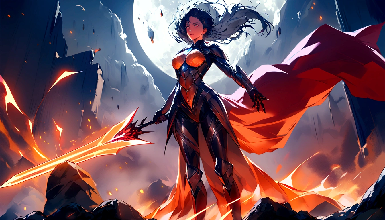 { "Incite": "Create a full-body image of a superhero with a mysterious and intense aura, combining Spawn elements. The superhero should have a similar aesthetic to Moon Knight, but with a black and red primary color scheme. The character must have a dark and intriguing presence, with elegant, modern armor and a flowing cape. Focus in the dark, a fearless hero, using giant sword in his hands.