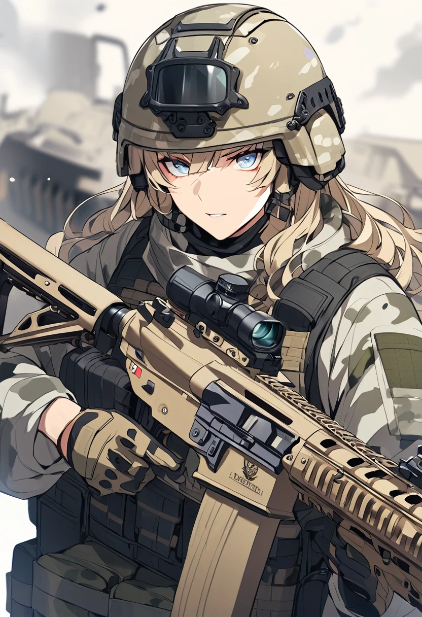 German man with short blonde curlyhair and light blue eyes wearing flecktarn camo heavy tactical gear and a helmet and a German flag on his chest and holding a HK416
