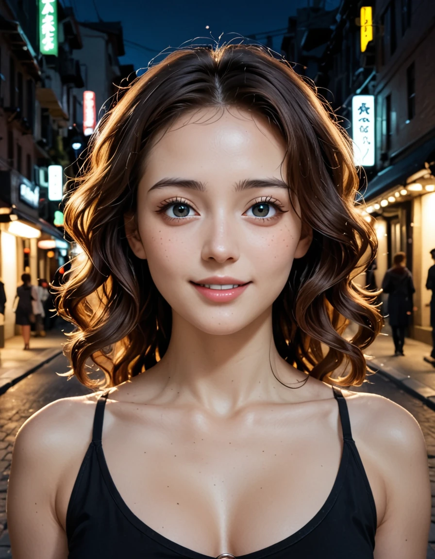 score_9,score_8_up,score_7_up,fine details in everything,Japanese, portrait,(shadows:1.4),night,Dark Alleyways,o-ring,A stunning American girl with intoxicated eyes and wavy hair stands outdoors. Her skin is flawless, glowing with natural beauty. She has a perfectly structured face with sharp features and a captivating smile. She is impeccably dressed, wearing a stylish, well-fitted outfit that complements her figure. The background features a picturesque outdoor setting, possibly a lush park or a vibrant cityscape, enhancing her elegance and charm.