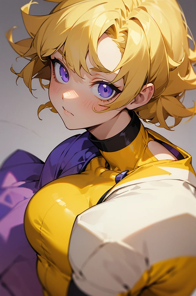 (masterpiece), best quality, expressive eyes, perfect face, blonde, masc tough. yellow outfit, purple accents, rough, shortcurly , anime, 22 years old, her buff, fit, masc woman, tomboy, buff, beautiful