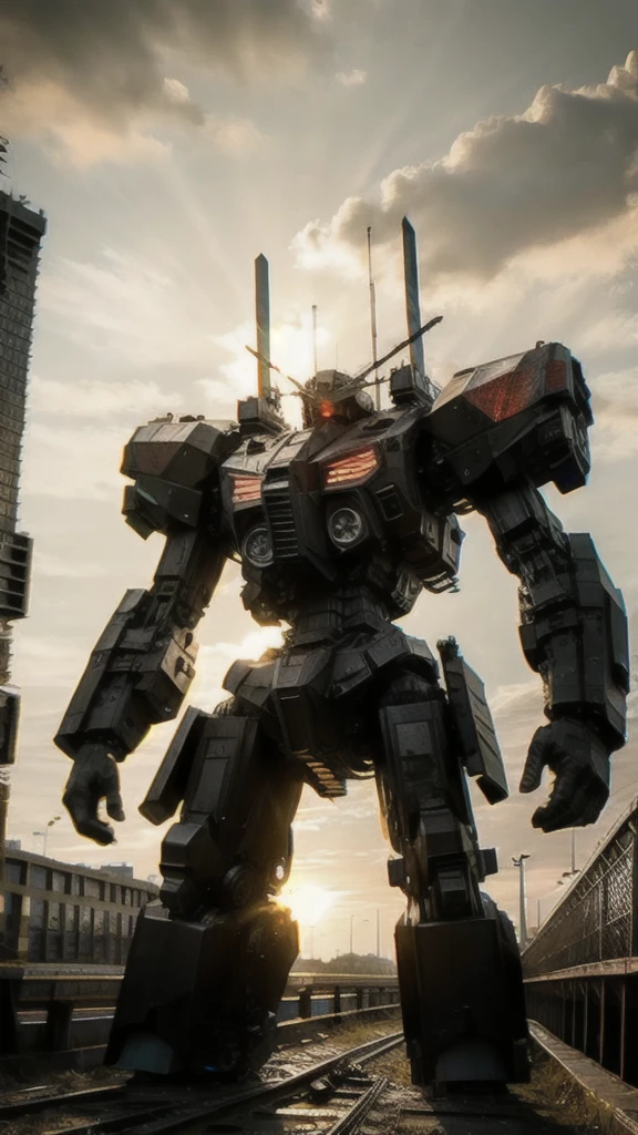 An imposing large mecha, on an abandoned bridge, in the background a post apocalyptic scene, 8k image, vfx effects, high detail, focused image, high level of detail, black with red, cinematic scene. Perspective view, fighting scene