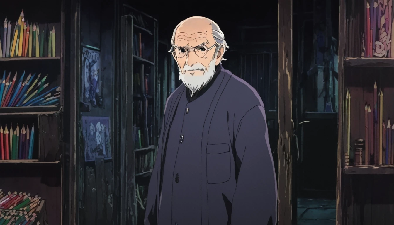 One old man standing with one Magic pencil, background mysterious shop,(anime style) old man take pencil ( horror anime style)