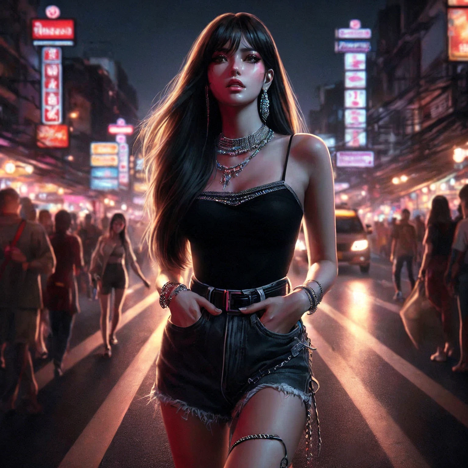 arafed image of a woman in a black top and shorts standing in a crowded street, cyberpunk vibe, cyberpunk vibes, cyberpunk art style, cyberpunk girl, urban girl fanart, artwork in the style of guweiz, beautiful digital artwork, stylized urban fantasy artwork, deviantart artstation cgscosiety, in cyberpunk city, trending on cgstation