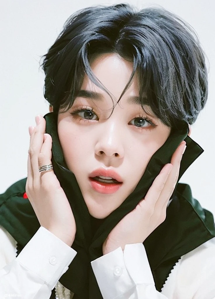  red lipstick, jimin\'s plump lips, jimin, jimin\'s grecian nose, park jimin, accurate jimin face, jimin\'s right eyelid swollen, femenine, adorable Korean face, blonde, starry eyes