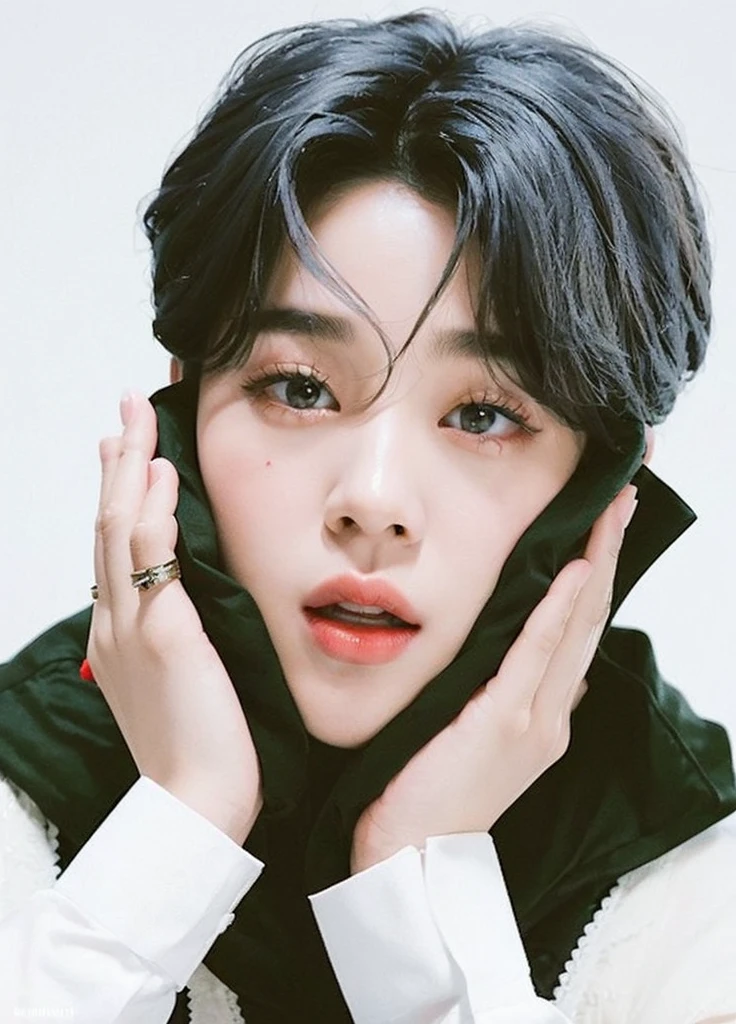  red lipstick, jimin\'s plump lips, jimin, jimin\'s grecian nose, park jimin, accurate jimin face, jimin\'s right eyelid swollen, femenine, adorable Korean face, blonde, starry eyes