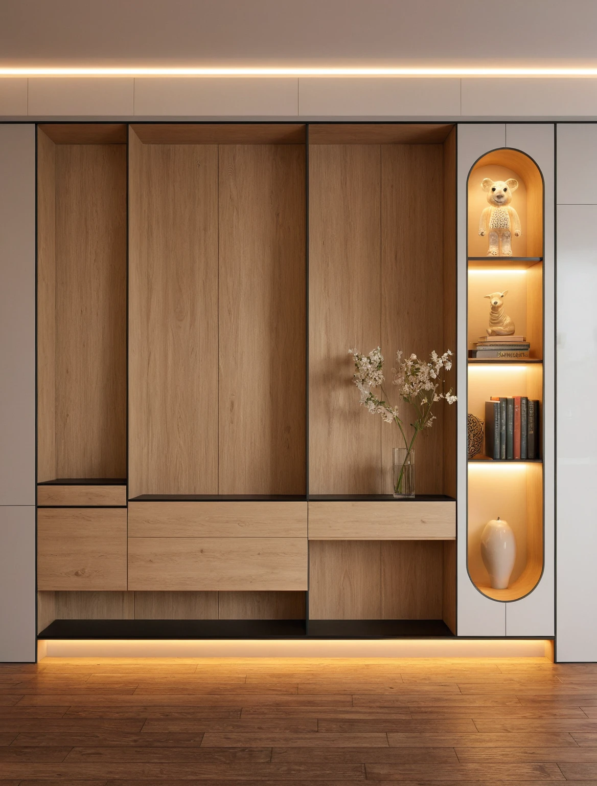 Raw photo,Masterpiece, high quality, best quality, authentic, super detail, interior, shoes Cabinet style modern , sunset, daylight, shoe cabinets, decorative cabinets, flower vases, led lights, ceiling lights, decorations, books, wooden floor, Black glasses,