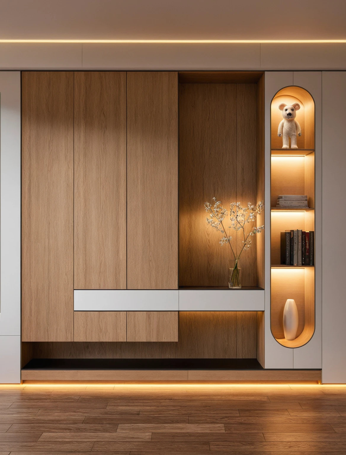 Raw photo,Masterpiece, high quality, best quality, authentic, super detail, interior, shoes Cabinet style modern , sunset, daylight, shoe cabinets, decorative cabinets, flower vases, led lights, ceiling lights, decorations, books, wooden floor, Black glasses,