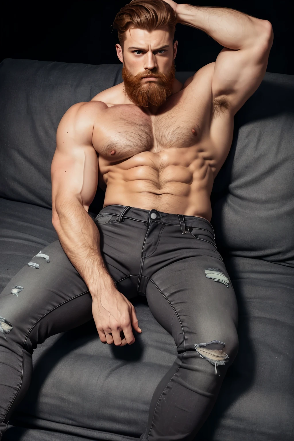 Masterpiece, Best Quality, Ultra-Detailed, muscular, bearded, thick mustache, imposing man [intense look], Intimidating presence, male figure,[imposing shadows],gritty realism, extreme detailed description, wide shoulders, green eyes, detailed eyes, brilliant eyes, handsome eyes, red hair, ginger hair, ginger beard, [chin stubble], imposing silhouette, bright colors, distinctive beard style, sharp focus,  (((dark gray jeans)))  (((Big bulge))) (((Lay down))) lying 