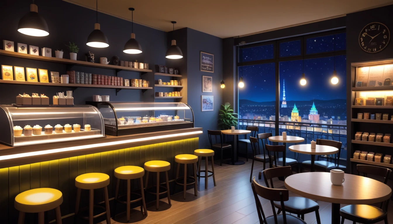 a cozy night time interior of a coffee shop, sweets in the shelves and coffee cups in the tables, there are also 2 windows in which you can see the nightlife outside
