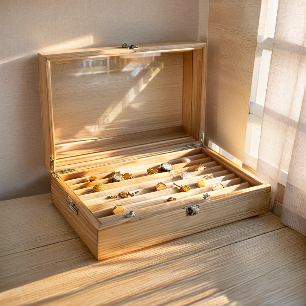 In this cozy room,A ray of sunlight shone through the half-drawn curtains on the table,Let the wood grain on the watch storage box shine with a faint luster。There was a calm and peaceful atmosphere in the air around them。There are several still lifes hanging on the walls of the room,It adds a touch of elegance to the space。And on the other side of the room,The half-open window lets in the breeze,The pages on the small desk by the window turned in the wind,This quiet scene gives a sense of tranquility and comfort。