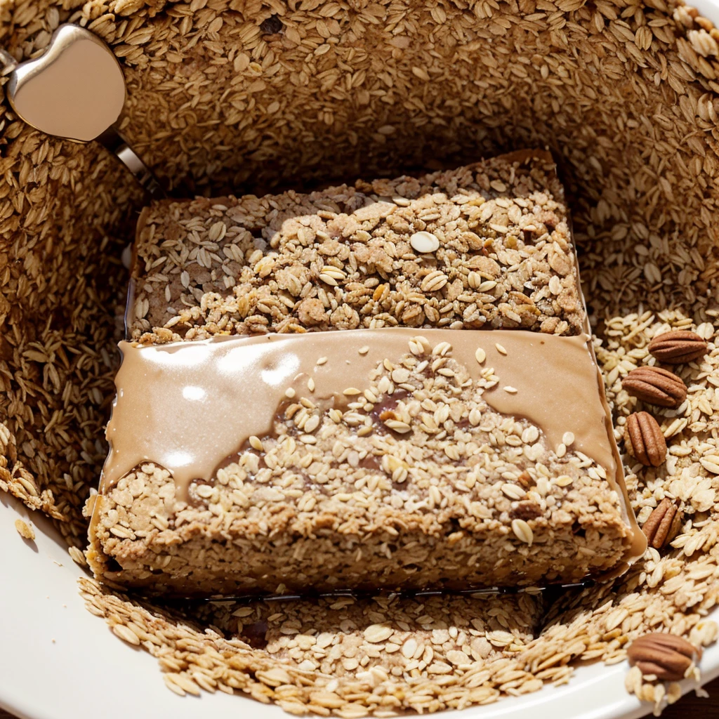 Circular logo. Hello Kitty clutching a rectangular oatmeal bar, honey and nuts. And that it has a title "granola bliss"