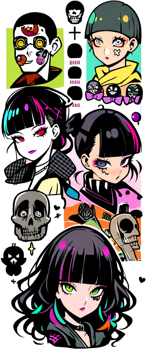Lie、Lying down、ridicule、Finger prick、Black Hair、Black Feather、Gothic Punk,anime zombie witch design, crossbones, skulls, street wear design, pro vector, Horror style, full design, 6 colors only, solid colors, no shadows, full design, sticker, bright colors, white background.super fine illustration,(((beautiful fine hair))),(((beautiful fine face))),(((beautiful fine background))),(((beautiful fine hair))),(((beautiful fine face))),(((beautiful fine background))),Midsummer、beachBlack Hair、blunt bangs、Cross-eyed