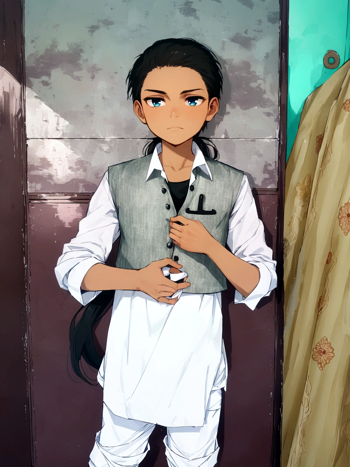 masterpiece, (best quality:1.4), portrait Solo, young male, man, european, blue eyes, black hair, pony tail, pale skin, casual plain clothes, serious eyes