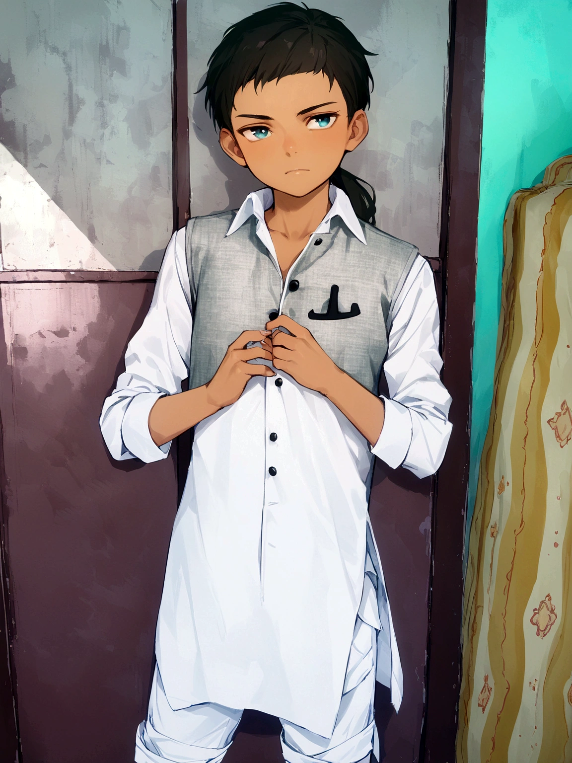 masterpiece, (best quality:1.4), portrait Solo, young male, man, european, blue eyes, black hair, pony tail, pale skin, casual plain clothes, serious eyes