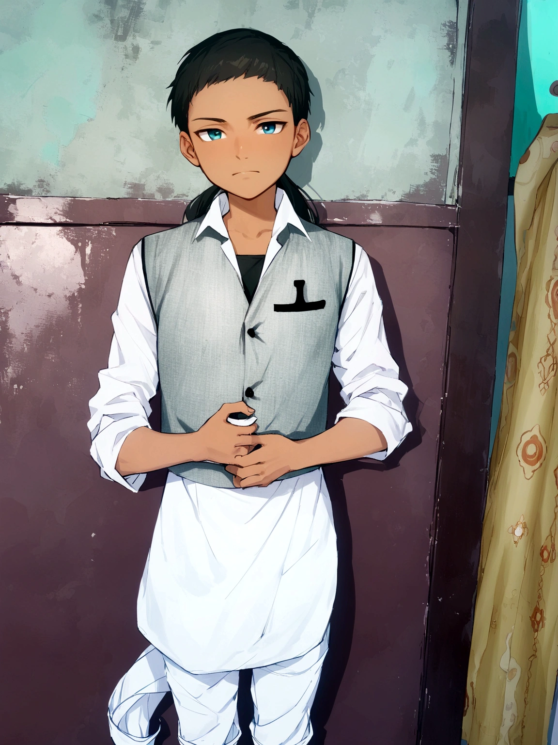 masterpiece, (best quality:1.4), portrait Solo, young male, man, european, blue eyes, black hair, pony tail, pale skin, casual plain clothes, serious eyes