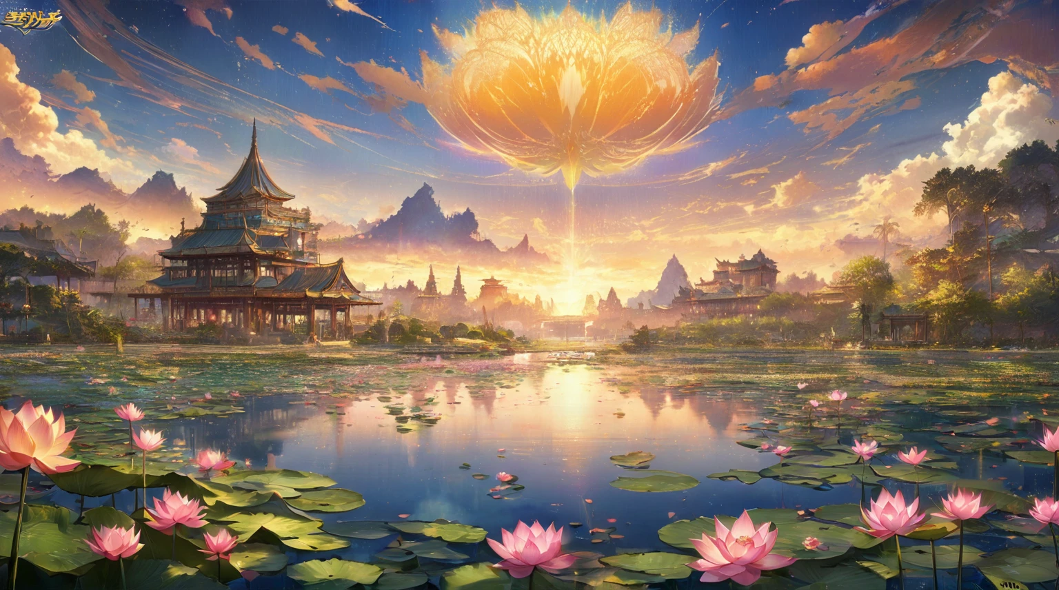 there is a painting of a sunset over a lake with flowers, background artwork, lotus pond, background art, radiating golden light, ethereal background, golden hour background, lotus, anime beautiful peace scene, magnificent background, light kingdom backdrop, by Yang J, concept art magical highlight, light bloom sunlight, anime background art, stunning arcanum backdrop