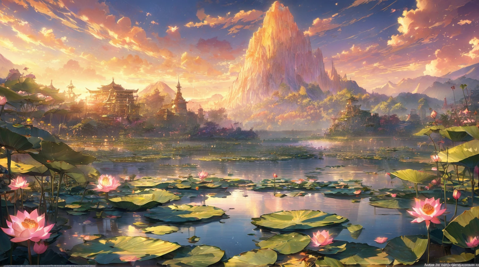 there is a painting of a sunset over a lake with flowers, background artwork, lotus pond, background art, radiating golden light, ethereal background, golden hour background, lotus, anime beautiful peace scene, magnificent background, light kingdom backdrop, by Yang J, concept art magical highlight, light bloom sunlight, anime background art, stunning arcanum backdrop