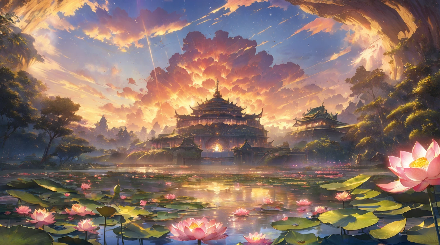there is a painting of a sunset over a lake with flowers, background artwork, lotus pond, background art, radiating golden light, ethereal background, golden hour background, lotus, anime beautiful peace scene, magnificent background, light kingdom backdrop, by Yang J, concept art magical highlight, light bloom sunlight, anime background art, stunning arcanum backdrop