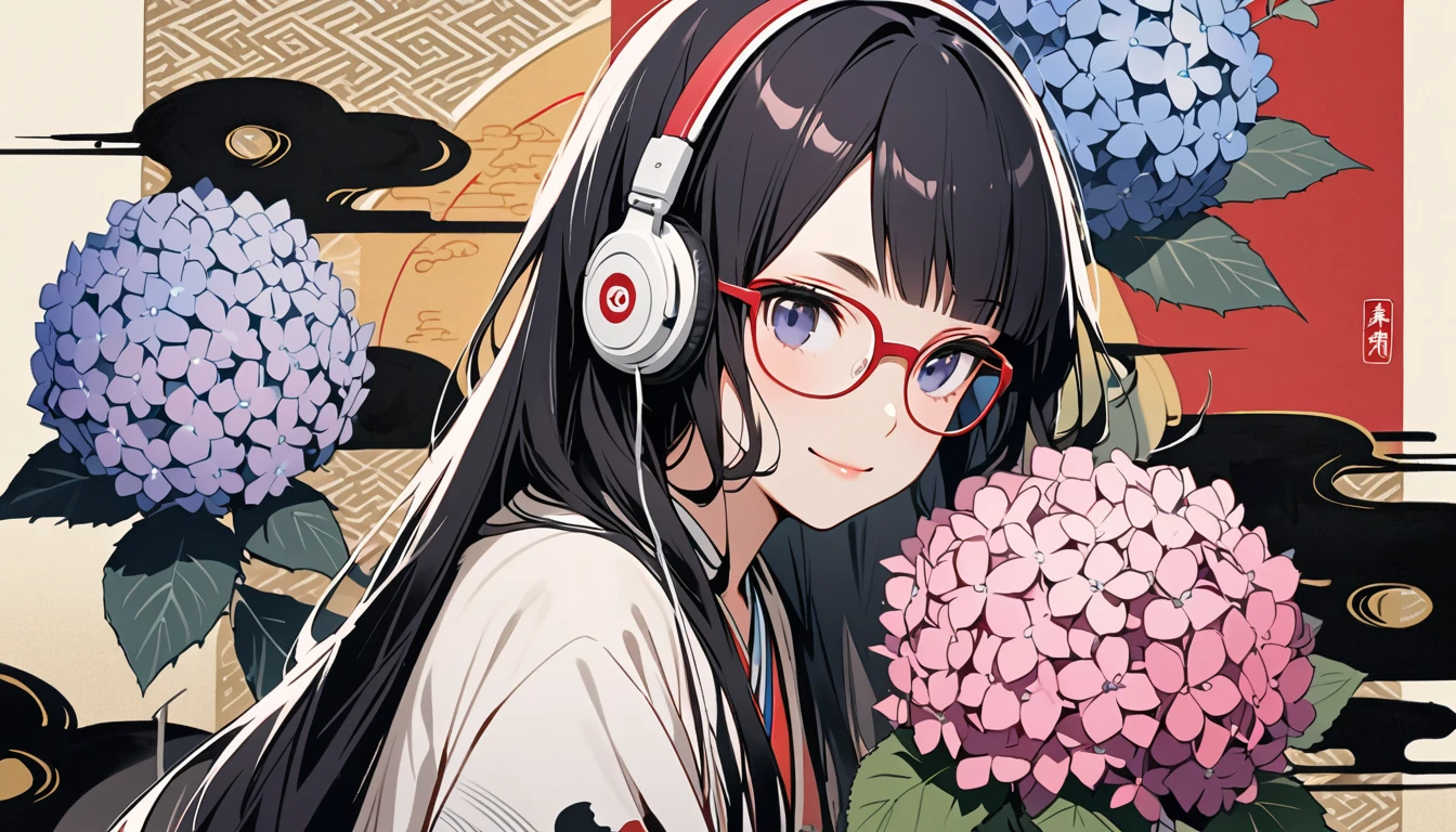 Highest quality, Katsushika Hokusai, Ink Painting, (((very straight longhair))), (((hydrangea))), (((Pale pink haori))), (((Glasses))), headphone, beautiful girl, Black Hair, Delicate and precise, Modern ukiyo-e style, smile