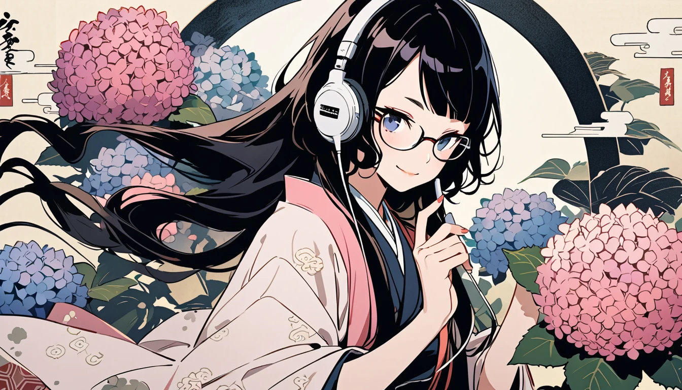 Highest quality, Katsushika Hokusai, Ink Painting, (((very straight longhair))), (((hydrangea))), (((Pale pink haori))), (((Glasses))), headphone, beautiful girl, Black Hair, Delicate and precise, Modern ukiyo-e style, smile