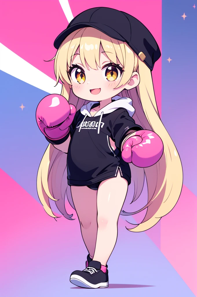 Highest quality,chibi,Pink semi-long,Hair,Black leather clothing,semi-long,Full body front view,Character portrait,Golden eyes,Boxing gloves,Background white,big mouth,smile