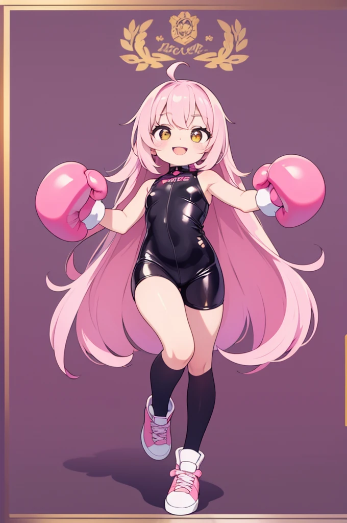 Highest quality,chibi,Pink semi-long,Hair,Black leather clothing,semi-long,Full body front view,Character portrait,Golden eyes,Boxing gloves,Background white,big mouth,smile