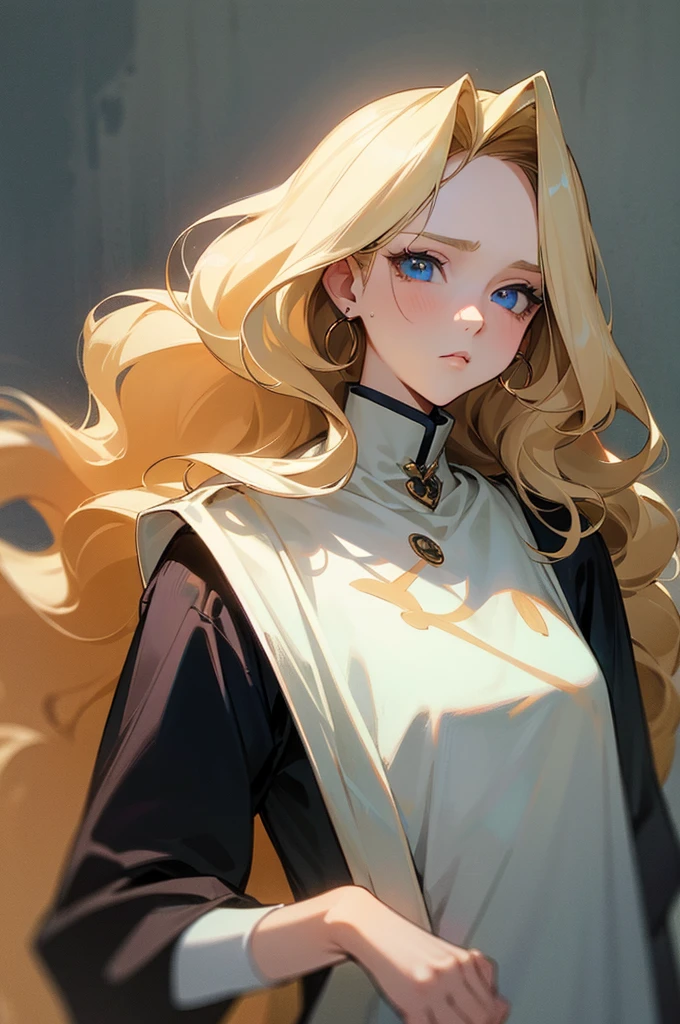 (masterpiece), best quality, expressive eyes, perfect face, blonde, femme, cold hearted, fem. soft colored clothing modern attire, mean, anime, mute, rotted personality, long wavy hair, adult, older woman, clean cut, idol, polished, very long and big hair, stunning,