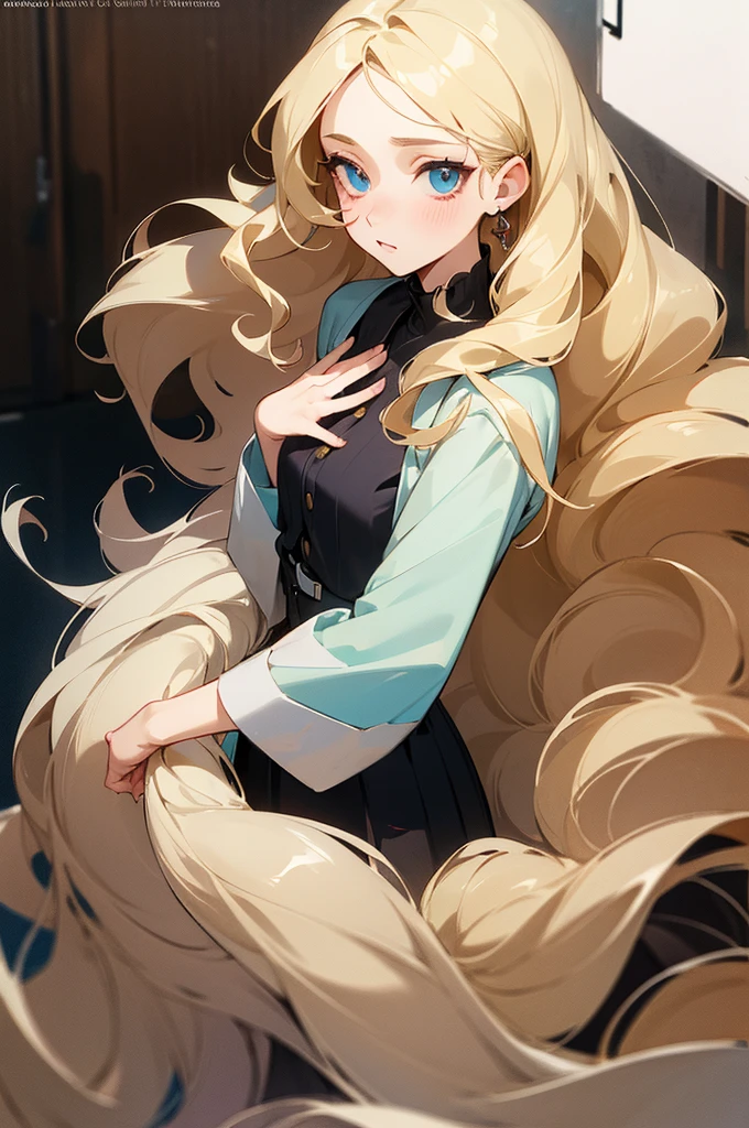 (masterpiece), best quality, expressive eyes, perfect face, blonde, femme, cold hearted, fem. soft colored clothing modern attire, mean, anime, mute, rotted personality, long wavy hair, adult, older woman, clean cut, idol, polished, very long and big hair, stunning, 
