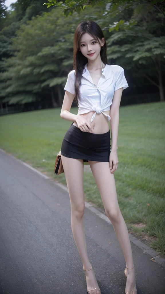 RAW, masterpiece, best quality, extremely detailed, 8k, HDR, photorealistic, intricate, A skinny Asian girl, she has an extremely slim body with (narrow and small hips), long straight hair, wearing a short sleeves shirt and extremely short black microskirt, smile, standing, outdoors