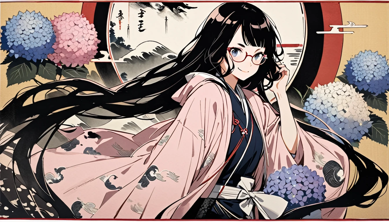 Highest quality, Katsushika Hokusai, Ink Painting, (((very straight longhair))), (((hydrangea))), (((Pale pink haori))), (((Glasses))), headphone, beautiful girl, Black Hair, Delicate and precise, Modern ukiyo-e style, smile