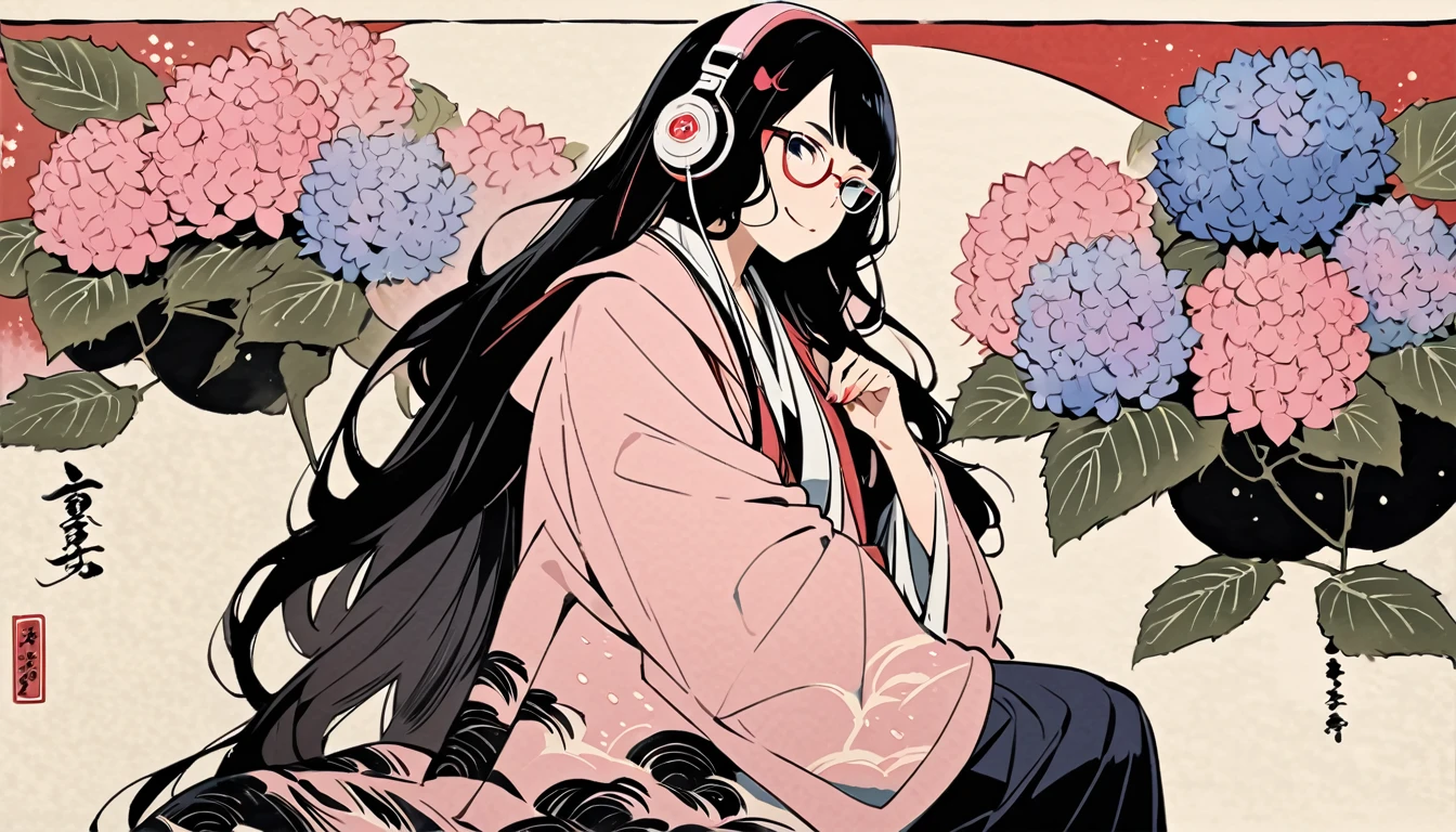 Highest quality, Katsushika Hokusai, Ink Painting, (((very straight longhair))), (((hydrangea))), (((Pale pink haori))), (((Glasses))), headphone, beautiful girl, Black Hair, Delicate and precise, Modern ukiyo-e style, smile
