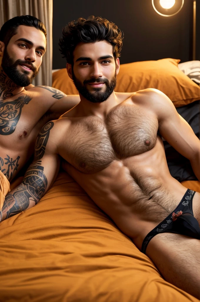 a thin 26-year-old man, hairy body with a reddish beard and short black curly hair, dark brown eyes, thick and prominent eyebrows, long eyelashes, olive skin, tattoos on his right arm, wearing only underwear, in the bedroom, smiling showing to a , a small boy with black hair, full body image, detailed face, hyper realistic, 8k, high quality, intricate details, cinematic lighting, dramatic shadows, warm color palette
