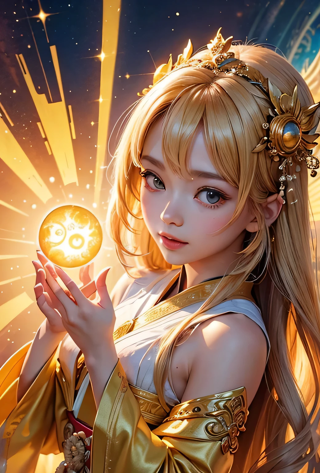 "Child of the Sun, Goddess of Love": Within a sacred sanctuary bathed in sunlight, depict the figure of a sun goddess who governs love, facing forward and emanating divine radiance. She is a , around 3 years old. Zoom in to focus on her face, with a gleaming orb of light in her hands, representing the life-giving power of the sun. Her hair is shimmering gold, and she is wearing a traditional miko outfit as seen in Japanese shrines. The background should be predominantly gold, evoking a sense of divine splendor, with numerous heart-themed objects expressing the beauty of love. The setting is in heaven, enveloped in soft, bright light, where one can find tranquility and peace of mind, free from any trace of anxiety.Straight-on.