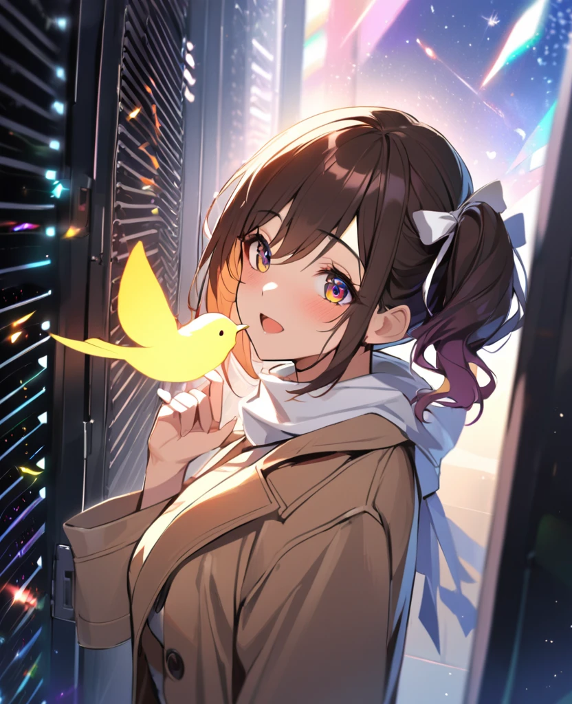1 Girl, In the rainbow space, Gorgeous, (Brown side ponytail, Colored eyes, White Ribbon) teenager, Monica, data center, Monica from Doki Doki Literature Club, Open your mouth, Reaching out to a bird, date, Face Focus, masterpiece, best quality, firefly, Light Particles, Solitary, Pixif, Depth of Field, Composition, Optimal lighting,scarf,Trench coat,