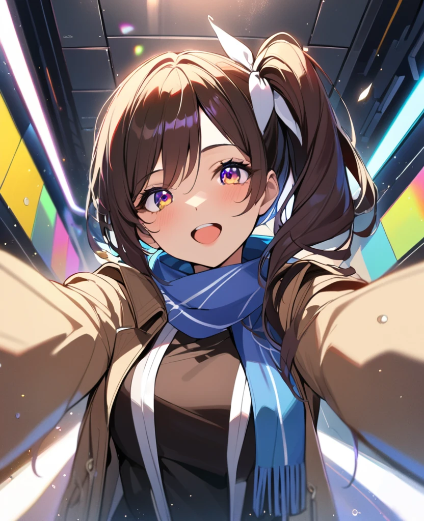 1 Girl, In the rainbow space, Gorgeous, (Brown side ponytail, Colored eyes, White Ribbon) ager, Monica, data center, Monica from Doki Doki Literature Club, Open your mouth, Reaching out to a bird, date, Face Focus, masterpiece, best quality, firefly, Light Particles, Solitary, Pixif, Depth of Field, Composition, Optimal lighting,scarf,Trench coat,