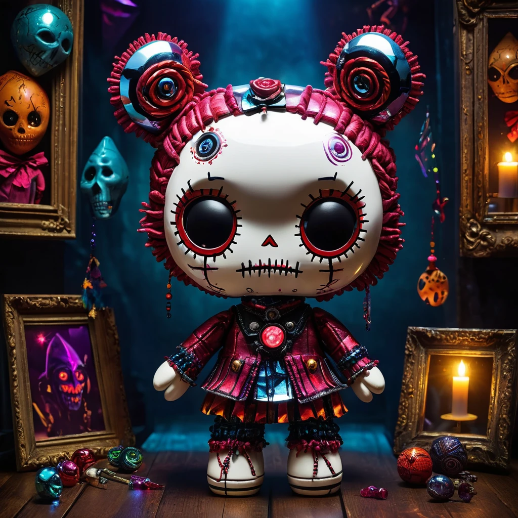 (knitted toy voodoo doll:1.5), (Voodoo Mirror Maniac:1.3), (Clothing: fragmented mirror suit:1.0), (Accessories: enchanted shard, glowing hand mirror, magical reflective mask:1.2), (background: twisted funhouse with floating mirrors, glowing reflections, and mystical shadows:1.2), best quality, masterpiece, detailed soft oil painting, detailed background, dramatic cinematic lighting, soft edge lighting, professional, dramatic lighting, hard edge lighting, ultra quality, 4k, masterpiece, best quality, 8k, ultra high definition, high resolution, extremely detailed