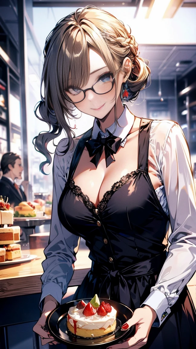 (Highest quality, masterpiece), (Ultra-high resolution, 8k RAW photos, Photorealistic:1.5, Cinema Lighting, Fabric Shading, Thin contours, Clear focus:1.2), Beautiful mature woman making tea_Garden party, Standing by the round table, Serve tea, Leaning forward, (Meisen tea set, you can, Tea cup, Some cakes on a plate), Delicate and elegant French style white table with gold accents and royal_green, (マホガニー色のMaid clothesを着ている:1.5, Cleavage, Maid clothes:1.2, Long Flared Skirt, apron, Bow tie on chest), Tall Sally, Long legs, Gray Hair, (Wearing thin glasses:1.2), (Mature Woman:1.5, 28 years old, alone), (Large Breasts, Saggy breasts, big , Tight waist), whole bodyesbian, (medium short Gray Hair, Hair on one eye, (Updo:1.2), Side Lock, Asymmetrical Hair, Wavy Hair), (thin and bright pupils, Highlighted, detailed eyes:1.3, A face with attention to detail, perfect face shape, Bloodshot eyes), (A seductive smile, Half-close your eyes:1.2), (Looking at the audience:1.3), (Dutch Angle, whole body:0.3, From below:1.2), ((Correct Anatomy:1.5, The right move)), (Ideal body proportions), (Outdoor:1.2, grassland),