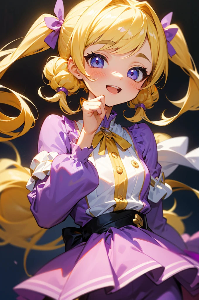 (masterpiece), best quality, expressive eyes, perfect face, blonde, femme, girly girl. purple outfit, yellow accents, charming, cheerful, curly , pigtails , long hair, happy, cheerful, idol,